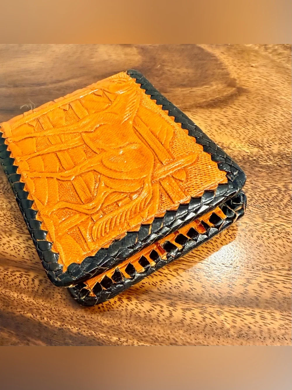 Handcrafted Tooled Brown Leather Wallet & Cardholder Set - Western Horse Design